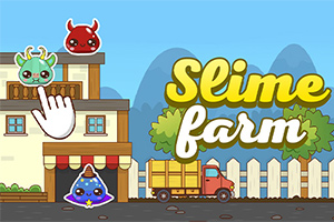 Farebný kreslený obrázok s nápisom Slime farm s rôznymi tvormi na farebnom pozadí farmy a horami