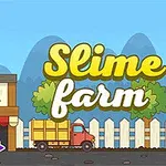 Farebný kreslený obrázok s nápisom Slime farm s rôznymi tvormi na farebnom pozadí farmy a horami