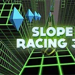 Svetelné zelené mriežky a modré trojuholníky na tmavom pozadí s textom SLOPE RACING 3D