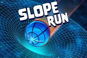 Modrá gulička sa kotúľa po futuristickej mriežkovanej plošine s nápisom „SLOPE RUN“ v pozadí