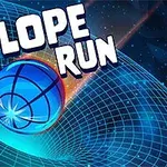 Modrá gulička sa kotúľa po futuristickej mriežkovanej plošine s nápisom „SLOPE RUN“ v pozadí