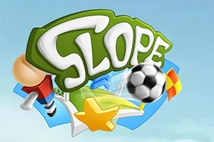 Farebný nápis Slope s futbalovou loptou, hviezdou a športovými predmetmi na modrom pozadí