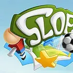 Farebný nápis Slope s futbalovou loptou, hviezdou a športovými predmetmi na modrom pozadí