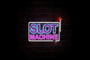 Neónový nápis SLOT MACHINE na tmavom tehlovom pozadí
