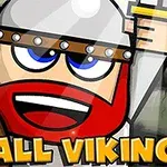 Kreslený Viking s prilbou, červenou bradou a štítom na pozadí kamenného múru, s textom Small Viking