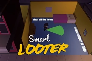 Izometrický pohľad na farebne osvetlenú izbu s postavou, textom „Smart LOOTER“ a inštrukciami na krádež predmetov