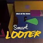 Izometrický pohľad na farebne osvetlenú izbu s postavou, textom „Smart LOOTER“ a inštrukciami na krádež predmetov