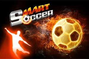 Žiarivá futbalová lopta obklopená plameňmi a siluetou futbalistu na tmavom pozadí s textom Smart Soccer