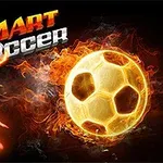 Žiarivá futbalová lopta obklopená plameňmi a siluetou futbalistu na tmavom pozadí s textom Smart Soccer