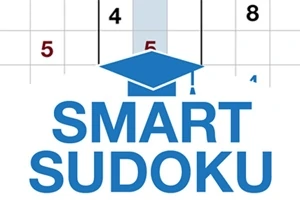 Text SMART SUDOKU s modrým akademickým klobúkom v pozadí na mriežke číslic