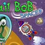 Kreslený slimák v skafandre s hviezdou v ruke a raketa letí v vesmíre s asteroidmi v pozadí