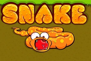 Žltý kreslený had s vyvalenými očami a červeným jazykom pod veľkým nápisom SNAKE