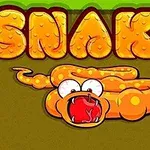 Žltý kreslený had s vyvalenými očami a červeným jazykom pod veľkým nápisom SNAKE