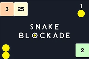 Text Snake Blockade uprostred tmavého pozadia s farebnými blokmi a číslovanými kruhmi v rohoch