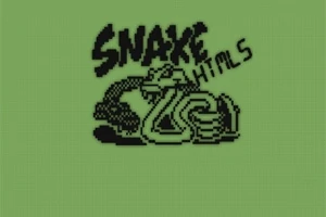 Čiernobiela kresba hada s nápisom SNAKE HTML5 na zelenom pozadí