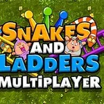 Farebný nápis Snakes and Ladders Multiplayer na zelenom pozadí s rebríkmi, hadmi a dvoma kreslenými postavami