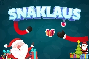 Santa Claus s darčekmi, vianočným stromčekom a veľkým názvom SNAKLAUS na modrom pozadí