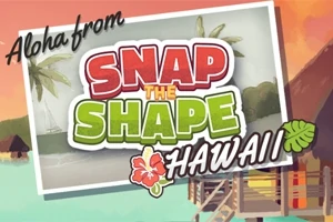 Pohľadnica s nápisom Aloha from Snap the Shape Hawaii, s tropickým pozadím, palmami a plážovými chatkami