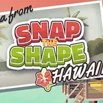 Pohľadnica s nápisom Aloha from Snap the Shape Hawaii, s tropickým pozadím, palmami a plážovými chatkami