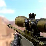 Pohľad na pušku s optickým zameriavačom, mierenú na cieľ v púštnej krajine