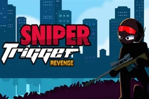 Silueta postavy so zbraňou a červenou čelenkou pred mestskou panorámou na modrom pozadí s nápisom Sniper Trigger Revenge