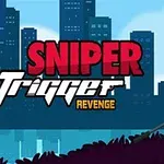 Silueta postavy so zbraňou a červenou čelenkou pred mestskou panorámou na modrom pozadí s nápisom Sniper Trigger Revenge