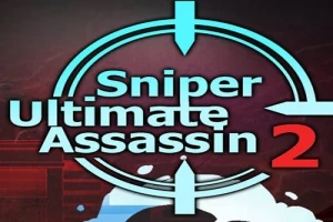 Modrý nápis Sniper Ultimate Assassin 2 umiestnený v štýlovom zámernom kríži na tmavom pozadí