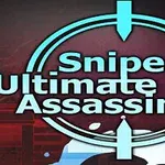 Modrý nápis Sniper Ultimate Assassin 2 umiestnený v štýlovom zámernom kríži na tmavom pozadí
