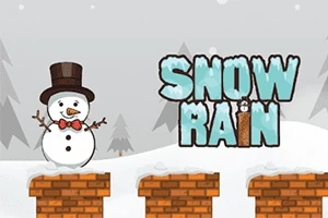 Snehuliak s klobúkom stojí na tehlových plochách pred zimnou krajinou s nápisom SNOW RAIN