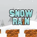Snehuliak s klobúkom stojí na tehlových plochách pred zimnou krajinou s nápisom SNOW RAIN