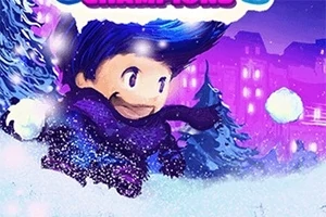 Postava s modrými vlasmi oblečená v zimnom oblečení beží cez zasneženú krajinu s padajúcimi snehovými vločkami