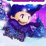 Postava s modrými vlasmi oblečená v zimnom oblečení beží cez zasneženú krajinu s padajúcimi snehovými vločkami