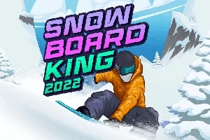 Snehové hory s postavou na snowboarde v oranžovej bunde a nápisom Snowboard King 2022