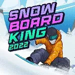 Snehové hory s postavou na snowboarde v oranžovej bunde a nápisom Snowboard King 2022