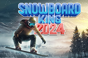 Snehom pokrytý snowboardista skáče vo vzduchu na pozadí zimnej krajiny s nápisom „Snowboard King 2024“