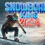 Snehom pokrytý snowboardista skáče vo vzduchu na pozadí zimnej krajiny s nápisom „Snowboard King 2024“