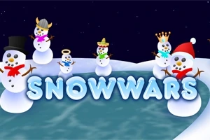 Snehuliaci s rôznymi klobúkmi a doplnkami stoja okolo zamrznutého jazera s nápisom SNOWWARS