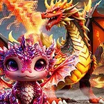 Farebná dračia mláďa pred veľkým ohnivým drakom s farebným vajcom v pozadí