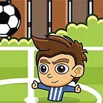 Kreslená postava s hnedými vlasmi v modro-bielom drese na futbalovom ihrisku s loptou vo vzduchu