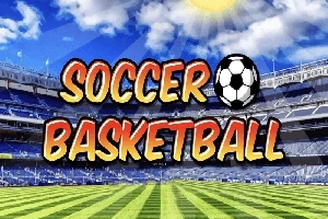 Ilustrácia štadióna so zeleným trávnikom, textom Soccer Basketball a slnkom na oblohe