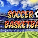 Ilustrácia štadióna so zeleným trávnikom, textom Soccer Basketball a slnkom na oblohe