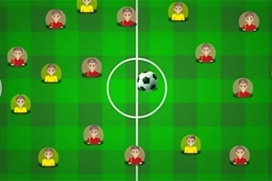 Futbalové ihrisko s hráčmi v žltých a červených dresech a loptou v strede