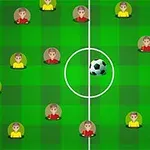 Futbalové ihrisko s hráčmi v žltých a červených dresech a loptou v strede