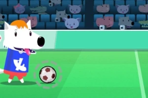 Kreslený pes v modrom drese s futbalovou loptou na ihrisku s tribúnou plnou ďalších zvierat v pozadí