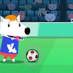 Kreslený pes v modrom drese s futbalovou loptou na ihrisku s tribúnou plnou ďalších zvierat v pozadí