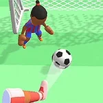 Dvaja animovaní futbalisti v červeno-modrých dresoch sa snažia chytiť čiernobielu loptu pred bránkou na zelenej ploche