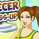 Žena v žlto-zelenom futbalovom drese s nápisom Soccer Dress-Up v pozadí