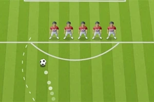 Hráči futbalového tímu stoja v bariére na ihrisku, pričom lopta sa blíži k nim po zakrivenej trajektórii