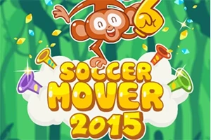 Opica na zelenom pozadí s nápisom Soccer Mover 2015 a ozdobnými trúbkami