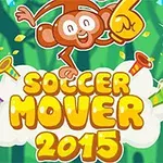 Opica na zelenom pozadí s nápisom Soccer Mover 2015 a ozdobnými trúbkami